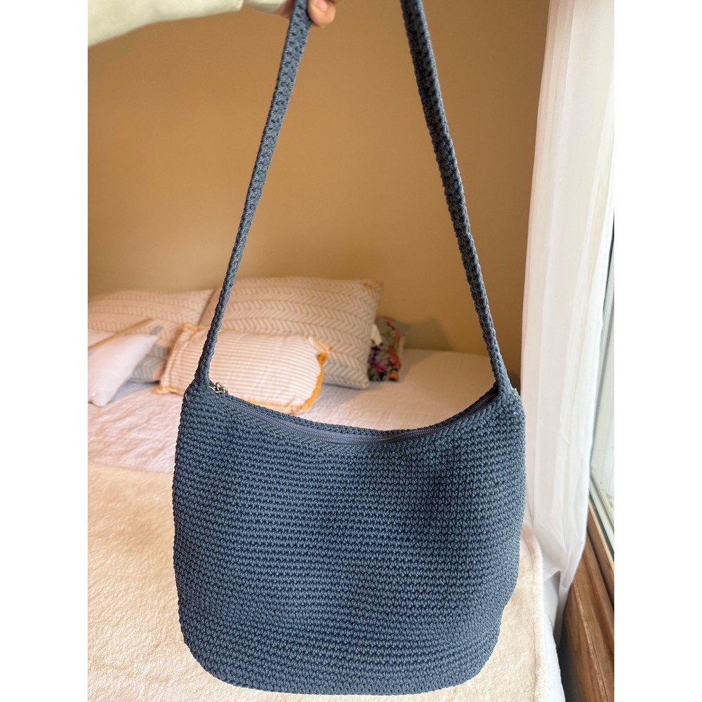 The Sak Crochet Hobo Bag Blue Slate Knit Shoulder Bag Zip Closure Pocket